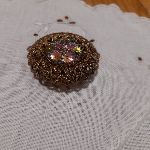 Vintage Fancy Scarf Clip Iridescent Floral Filigree West Germany - Picture 8 of 12